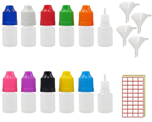 XIAONAN Lot de 100 flacons compte-gouttes vides en plastique LDPE 5 ml (flacons + bouchons de couleurs mélangées + embouts + entonnoir + étiquette)