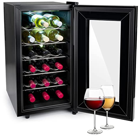 Alpina Frigorifero per vino – 230 V – 18 bottiglie/50 l – temperatura regolabile da 11 °C a 22 °C – Porta in vetro e illuminazione interna – silenzioso – nero