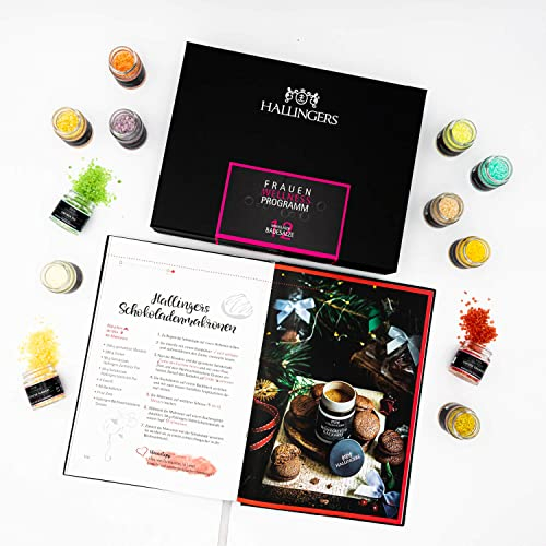 Hallingers Genuss Manufaktur Badesalz Geschenkset mit Kochbuch – 12 Badezusätze mit Totes Meer Salz in edler Geschenkbox, Wellness & Spa, feine Geschenkidee, auch für Adventskalender & Weihnachten