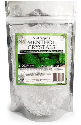 Nutrigins Menthol Crystal 2 oz - Pure Organic 100% Natural - Menthol Crystals from Mint Crystal Mints Mentha Arvensis - Comes in Resealable Standup Bag for Long-Lasting Freshness