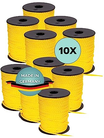 AWOTEX Pflasterschnur Gelb 4,00 mm I 10 Rollen à 100 Meter I Richtschnur für Pflastern I langlebig & reißfest I Polypropylen Bauschnur auf PVC Rolle I Maurerschnur für Wasserwaage