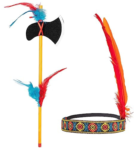 MIMIKRY Zubehör-Set für Indianerin-Kostüm Stirnband mit Federn und Tomahawk Indianer-Kopfschmuck und Beil
