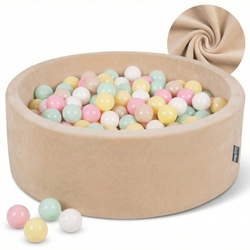 KiddyMoon för bebisar bollhav rund sammet 90 x 30 med 300 bollar 7 cm lekplats barn njutning sandig beige - beige pastellgul vit mynta puderrosa