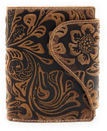 Lemasi Feminine echt Leder Damen Geldbörse mit Außenriegel geprägtes Vollrindleder, Florale Motive, Ranken und Blüten mit RFID Schutz