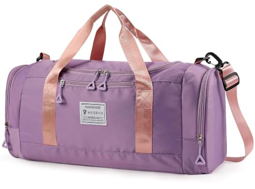Vllcsla Bolsa de Deporte Mujer 28 L, Bolso Gimnasio con Bolsillo Húmedo, Compartimento Zapatos, Impermeable Bolsa de Viaje Resistente al Desgaste, Bolsos de Hombro Fin de Semana (Morado)