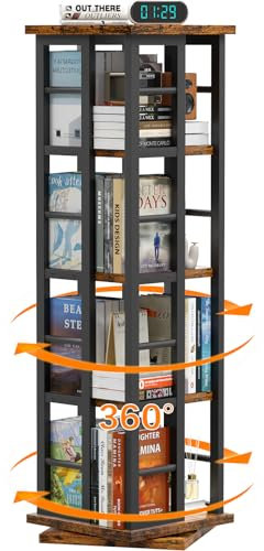 EasyCom Drehbares Bücherregal mit Metallrahmen, 360-Grad-Display, Holz, drehbares Bücherregal, 4-stöckiges Eck-Bücherregal mit Aufbewahrung, bodenstehendes drehendes Bücherregal für Wohnzimmer, Büro,