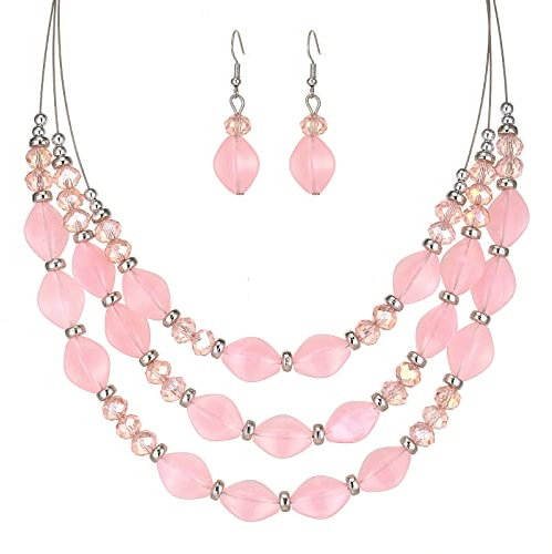 FULU AUTUMN Chunky Statement Perlen Kette und Ohrringe Set Schmuck Set für Damen Valentinstag Geburtstags Geschenk für Frauen(42-Pink)