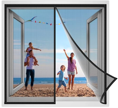 Magnetvorhang Fenstervorhang Schutzgitter 135x200cm Türvorhang Balkon Magnetvorhang, Insektenschutz Fliegenschutz mit Verbreitertem Klebeband Schwarz Verstärkte