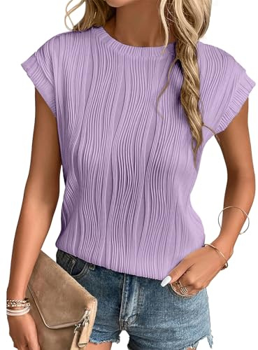 Gemulate Women's Blouse t-Shirts Short Sleeve Blouses Casual Round Neck Tshirts Tees for Women Ladies Knit Plain Party Tunic Tops Light Purple XL