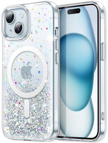 JETech Cover Magnetica con Glitter per iPhone 15 Plus, Trasparente | Compatibile con MagSafe, Design con Glitter Brillante, Custodia Protezione Antiurto, Stile Elegante per Donne e Ragazze