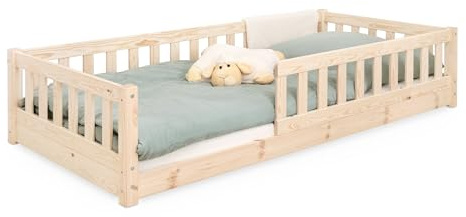Ehrenkind® Bodenbett Lille | Kinderbett mit abnehmbaren Rausfallschutz aus Massivholz FSC® zertifziert inkl.hochwertigem Lattenrost | Bodenbett 90x200 | Kinderbett 90x200 Natur