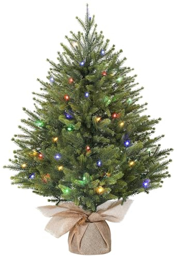 Alupssuc 2 Pied Mini Sapin de Noël Artificiel Pré-éclairé, Branches en PE avec Base en Sac de Jute, LED Colorées, 12 Modes d'éclairage, Parfait pour les Décorations de Noël, la Maison, la Cuisine-Vert