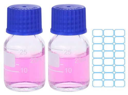 PATIKIL 2 Pack Reagent Media Storage Bottles, 25ml Borosilicate Glass Graduated Round Bottles with Blue GL32 Screw Cap and 24 Pcs Labels for Lab Water Reagent Liquids, Clear