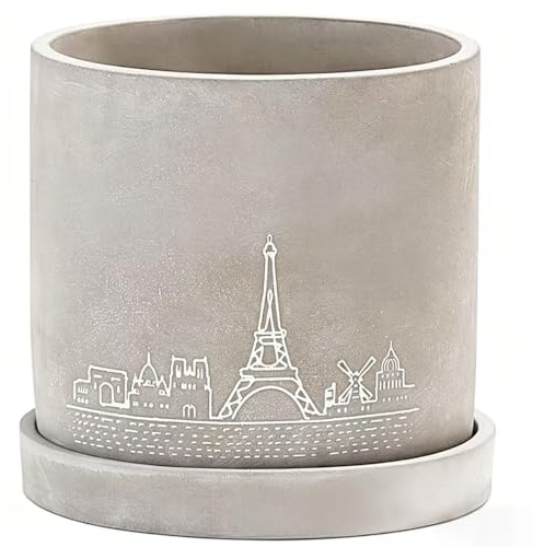 Ekirlin 16.5cm Flower Plant Pot Indoor - Grey Cement Garden Planter Concrete Planter with Drain Hole Saucer, Modern Art Pattern Succulents Containers for Home Decor, Office & Outdoor