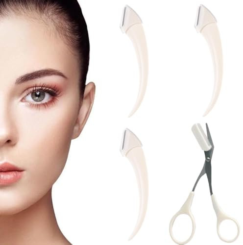 Augenbrauenschere, 1 Augenbrauen Schere und 3 Augenbrauen Rasierer, Schere abnehmbarer Augenbrauen, Professionelle Präzision Augenbraue Trimmer Schere Schere mit Kamm, für Männer Frauen, Weiß