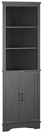 Panana Tall Corner Bathroom Cabinet, Freestanding Farmhouse Storage Cabinet with 2 Door & Adjustable Shelves Wooden Storage Hutch Cupboard for Bathroom, Kitchen, Living Room (Black)