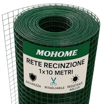 MOHOME Rete Metallica Recinzioni 10 m x 1 m Plastificata Maglia Quadrata 12,5 mm Rete Protettiva Resistente Giardino Pollaio Cortile Vigneto Animali Ringhiere Balcone