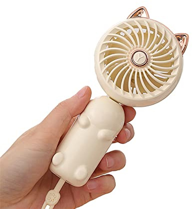 Portable Handheld Fan, Mini Hand Held Fan with Rechargeable Battery and 3 Speeds, Cute Personal Small Electric Fans Foldable Desk Desktop Fans for Home Office Bedroom Outdoor Travel (White, Cat)