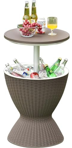 Cool Bar Table, 3-in-1 Ice Cocktail Coffee Table, Rattan Style Patio Table with Ice Bucket for Outdoor Parties and Pool Decks