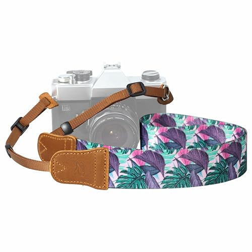 Padwa Lifestyle Camera Strap - 1.5 Soft Nylon Print Crazy Horse Cowhide Head Camera Straps for Photographers and All Cameras,Cute Adjustable Vintage Woven Strap for Adults & Kids(Green Leaf)