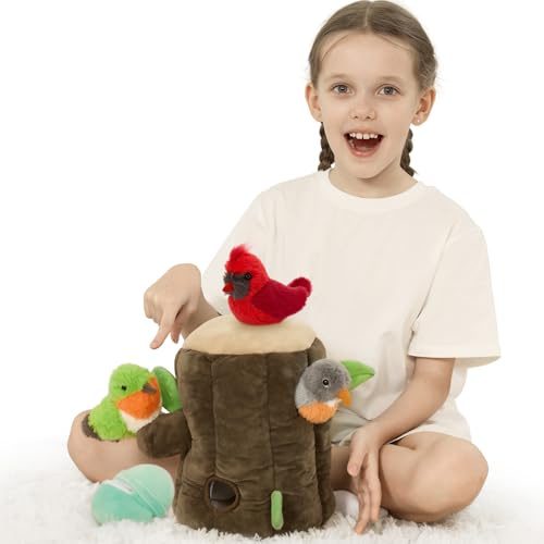 Karister 5Pcs Bulk Bird Stuffed Animal Set, Tree House Plush with 3 Small Bird Plushies(Robin, Hummingbird, Northern Cardinal) & 1 Egg, Magnetic Stuffed Tree Toys for Kids,Birders