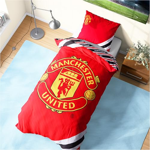 Get Trend Manchester United FC Single Duvet Cover Set, Reversible Man United Football Bedding Set with Pillowcase, Soft Durable Duvet Quilt Cover (Multi Manchester United, Single)