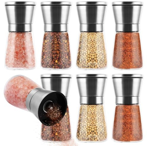 LDXDRU 8 x 180 ml Manual Stainless Steel Salt and Pepper Mill with Adjustable Ceramic Grinder, Spice Mill, Empty Pepper and Salt Mill, Small Glass Pepper Mill, Chili Mill, Stainless Steel, No Spice