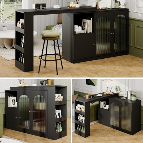 Lahoomu Um 360° Drehbarer Bartisch (Hauptkörper 120 x 40 x 97 cm), Schwarz Rotierender ESS- und Barschrank, Multifunktionaler Aufbewahrungsschrank mit Glastür