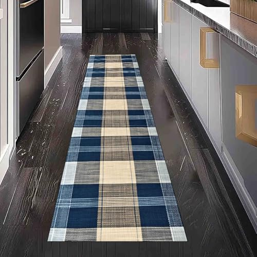 Dppyuxa Flurteppich Läufer Tartan Kariert rutschfest und Waschbar, Teppich Lang für Flur und Küche Plaid Muster Küchenteppich Bauernhaus Geometrisch Teppich Maschinenwaschbar 60x180 cm
