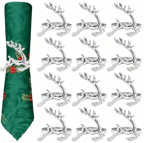 Set of 12 Reindeer Christmas Napkin Rings, Gold Christmas Table Decorations - Xmas Napkin Rings for Tableware, Thanksgiving, Wedding Dining Decor (Silver, 12Pcs)