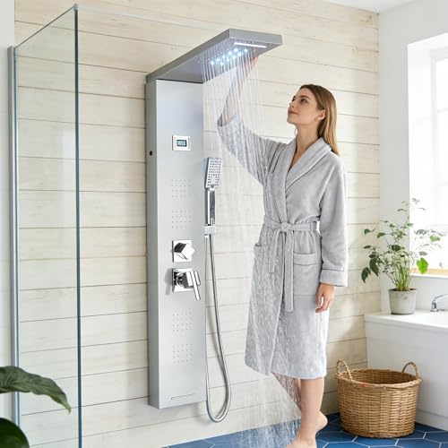 HARNART Duschpaneel-System mit 5 Modi, LED-Duschpaneel, 4 Massagedüsen, Badewannenauslauf, Handbrause mit 1,5 m Schlauch, Duschset, gebürstet