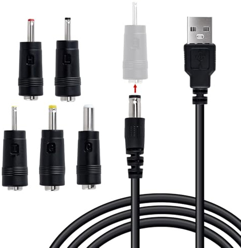Wigearss Cable USB a DC, Adaptador de Cable de Alimentación con 5 Conectores, 5.5x2.5mm, 4.0x1.7mm, 3.5x1.35mm, 3.0x1.0mm, 2.5x0.7mm, Cable de Carga USB de 1 m, para Portátiles, Parlantes, Enrutadores