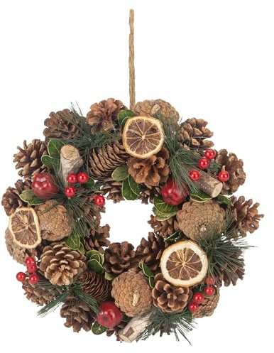 PMS Corona de Navidad de 30 cm con piñas, bayas, canela y cáscara de naranja, corona festiva rústica para puertas y exhibiciones de temporada