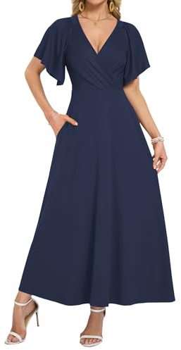 AUSELILY Maxi Dresses Women 2026 Summer Long Flowy Wrap Dress Ruffle Sleeve Deep V Neck Maternity Dress with Pockets Navy Blue M