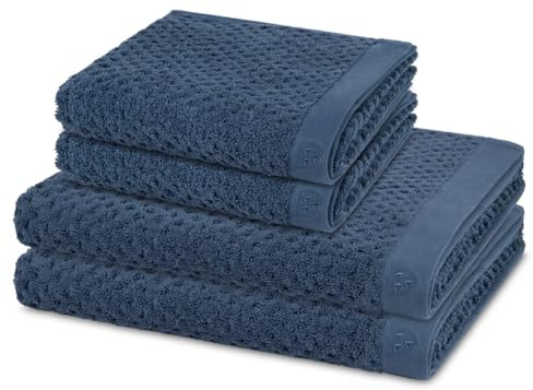 Ross Harmony 4er Set Handtücher - 2X Handtuch & 2X Duschtuch - Walkfrottee 520g/m², 100% Baumwolle, hautfreundlich, saugstark & pflegeleicht - Elegante Stickerei, voluminös weich - Denim