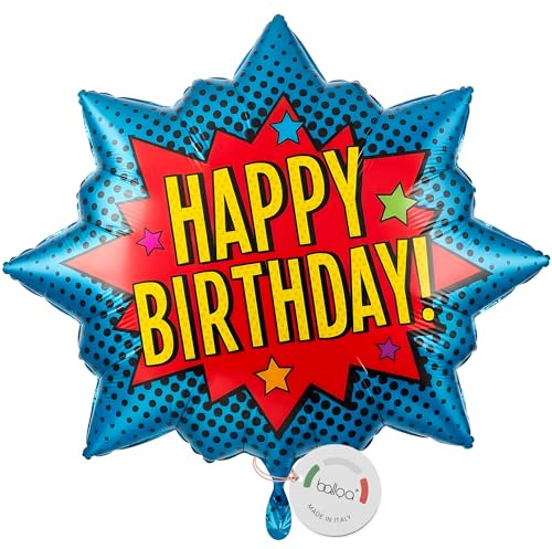 balloa Folienballon Superhero Happy Birthday, XXL Geburtstagsdeko, 75 cm | Comic-Design im Pop-Art-Stil mit Happy Birthday Schriftzug, XXL, heliumgeeignet, ungefüllt, für Superhelden-Kindergeburtstage