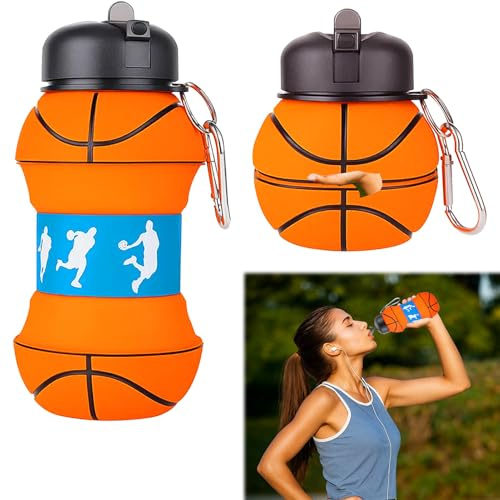 Ebksqs Gourde Pliable Basketball 550ml - Bouteille d‘eau en Silicone pour Sportifs, Design Ballon de Basket Original, Gourde Réutilisable et LéGère avec Mousqueton, Sans BPA