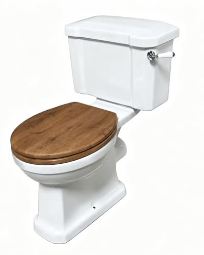RETRO WC Juego de inodoro empotrado cerrado, parabrisas blanco, asiento de inodoro de liberación rápida de cierre suave con diseño de efecto de madera, salida horizontal/vertical