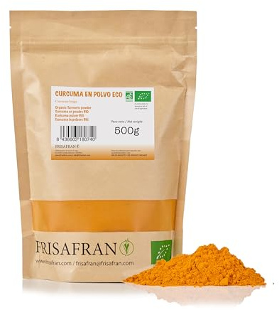 FRISAFRAN | Cúrcuma en Polvo BIO 500g | Digestivo | Ayuda al rejuvenecimiento | Curcuma pura | especia sin aditivos | Suplemento | En Polvo | Cúrcuma-molida | Origen India