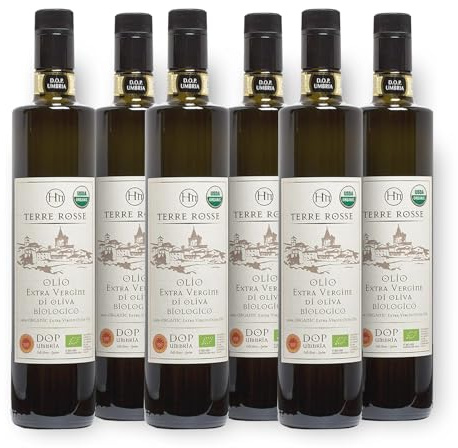 Terre Rosse - Olio Extravergine di Oliva Biologico Spremuto a Freddo - Monocultivar Moraiolo - Certificazioni DOP Umbria Colli Assisi Spoleto e Kosher/P - Campagna Olearia 2024-6 Bottiglie 750 ml