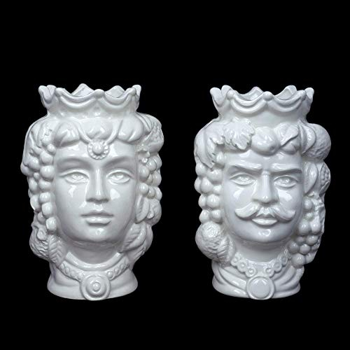 CEAR ceramiche - Coppia di Teste di Moro siciliane Bianche H cm 14 in Ceramica di Caltagirone, Fatte a Mano