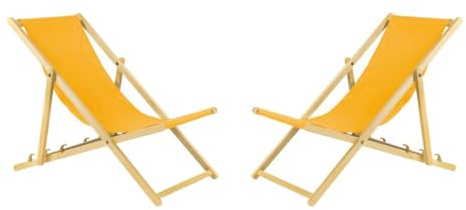 BAS Liegestuhl klappbar aus Holz - 2er Set gelb Leichte Klappliege - Faltbare & verstellbare Sonnenliege für Garten, Strand & Balkon - Gartenliege mit Atmungsaktiv Stoffbezug - Mischgewebe