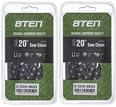 8TEN Ripping Chainsaw Chain 20 Bar .050 Gauge 3/8 Pitch 72DL 2 Pack | For Husqvarna 455 Rancher 372XP Stihl MS 270 Poulan PP5020AV