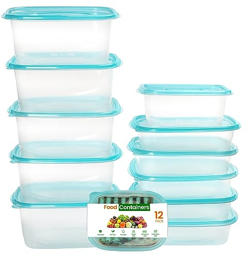 FRESHLY CONTAINED 12 Pack Plastic Food Containers - BPA-Free Reusable Storage Box Set with Lids - Airtight Containers for Kitchen, Pantry, Meal Prep and Lunches - Microwave/Freezer Safe