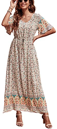 GRECERELLE Womens Summer Maxi Boho Beach Dress Floral Print Dress V Neck Short Sleeve Drawstring High Waist Flowy Long Midi Dresses (Michaelmas Dais Beige, M)
