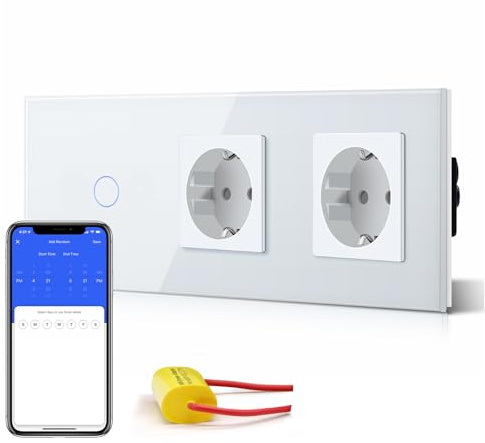 BSEED Smart Alexa Wlan Lichtschalter Ohne Neutralleite mit Doppelt KEIN wifi Steckdose, WIfI Touch Schalter aus Glas, Alexa und Google Home Work mit Tuya, 1 Fach 228mm Weiß
