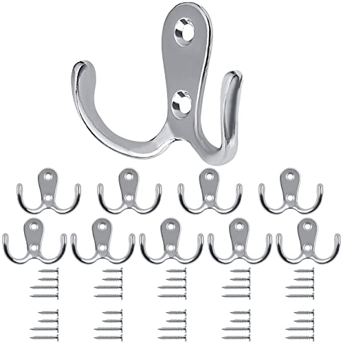 10 ganci appendiabiti Bolatus, appendiabiti doppio, da parete, stile retrò, in metallo, argento, stile vintage, con 40 viti per ganci appendiabiti, bagno, cucina