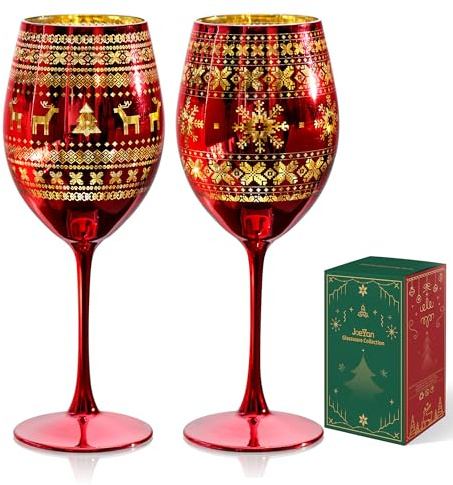 Joeyan 580ml Weingläser Weihnachten - Set of 2 Rot Weingläser mit Muster aus Weihnachtsbaum, Elch und Schneeflocken - Weißweingläser Rotweingläser for Weihnachtsfeier und Geschenke