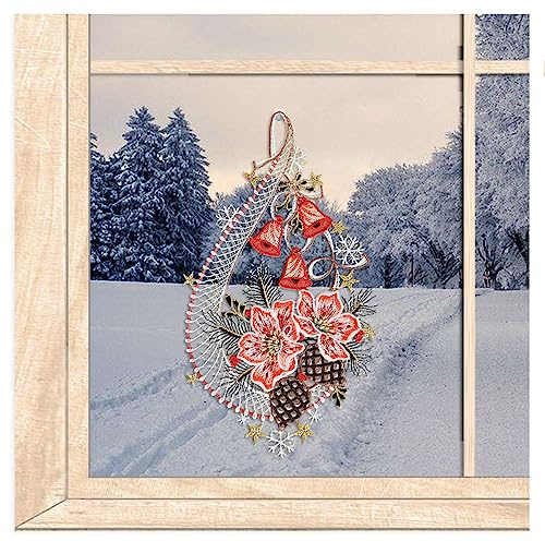 Winter-Fensterbild Christrosen mit Zapfen HxB 35x20cm inkl. Saugnapf | atelier alles-Spitze Wiederverwendbare Fensterdeko aus bunter Vogtländischer Luft-Spitze, Winterliche Dekoration
