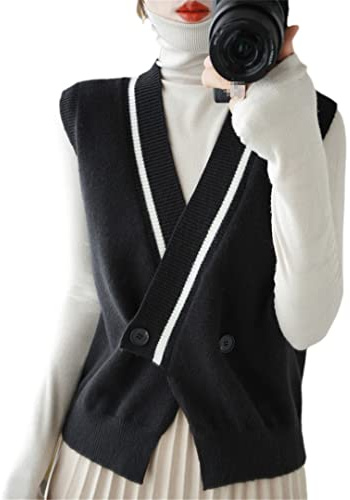 Alloaone Chaleco de cachemira para mujer, cuello en V, sin mangas, con hebilla, Negro, XL
